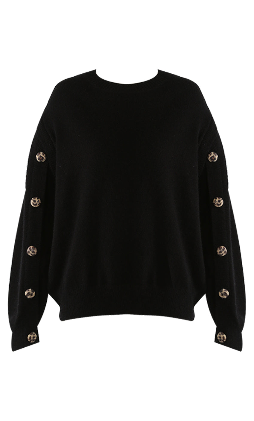 Leopard Button Sleeve Round Neck Jumper