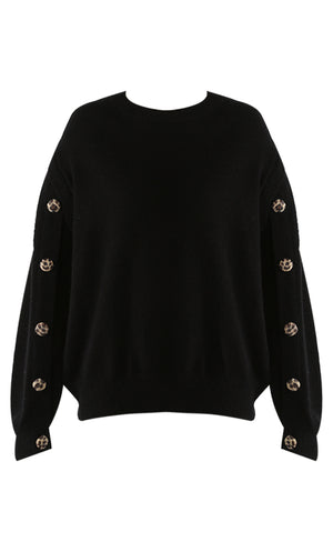 Leopard Button Sleeve Round Neck Jumper