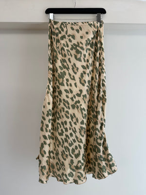 Leopard Print Satin Midi Skirt