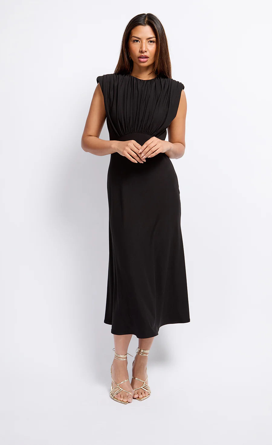 Black Gathered Detail Midaxi Dress