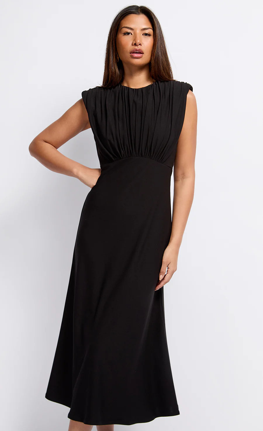 Black Gathered Detail Midaxi Dress