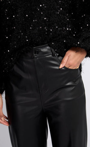 Black Leather Look Straight Leg Trousers